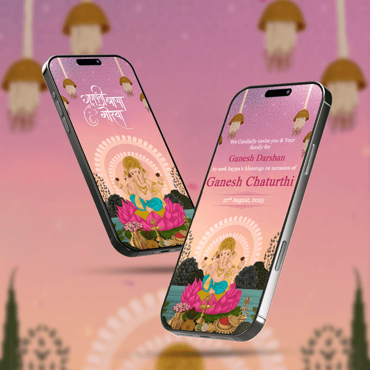 Two smartphones displaying a Ganesh Chaturthi invitation video on a pink background with decorative elements.