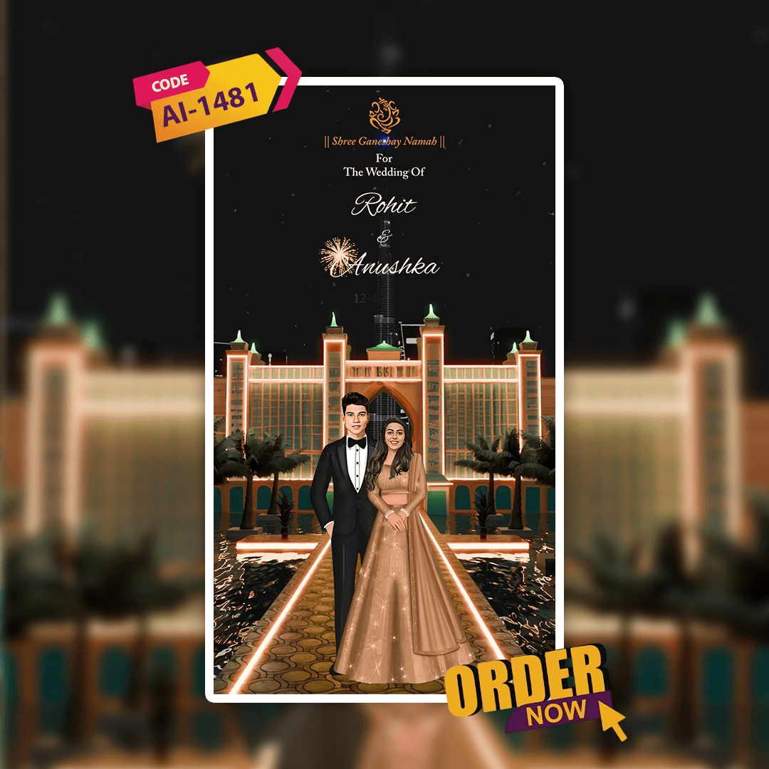 wedding with a couple in formal attire, set against a grand building with lights.