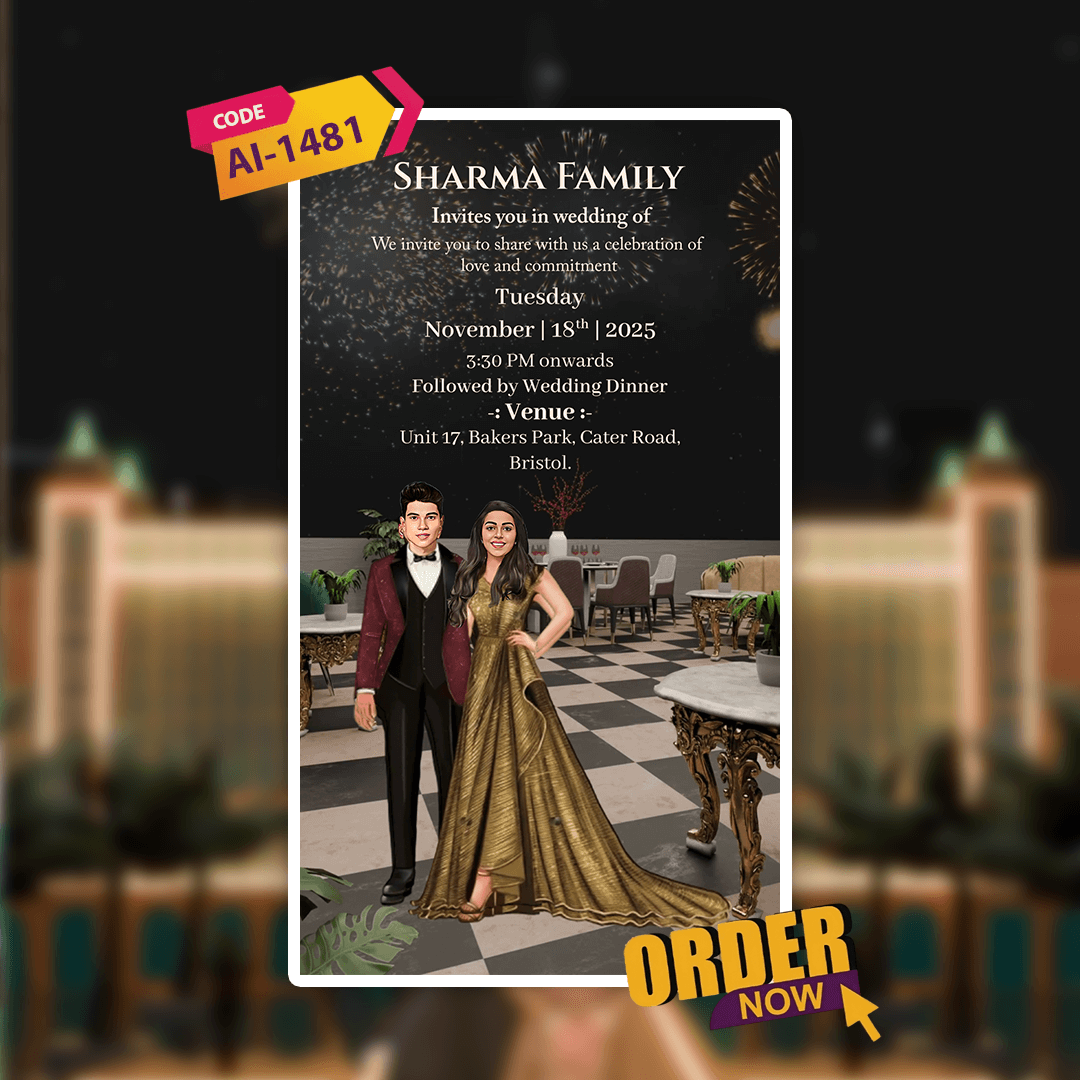 Wedding invitation card with couple in formal attire and event details.