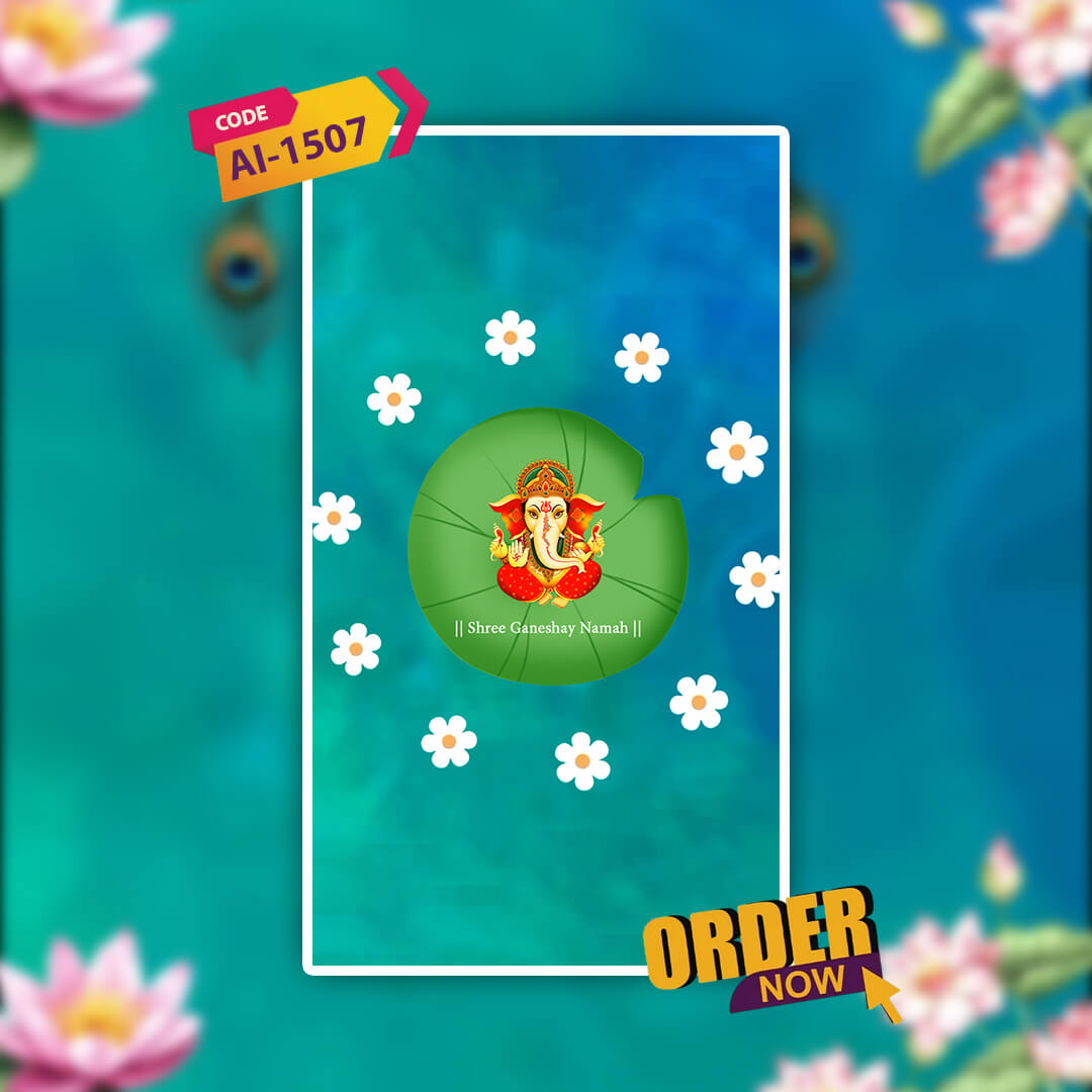 Decorative card with Ganesha on a green leaf against a floral background