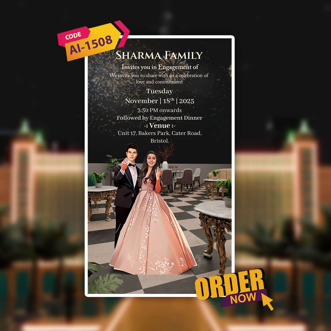 Wedding invitation card with couple in formal attire and event details on a dark background.