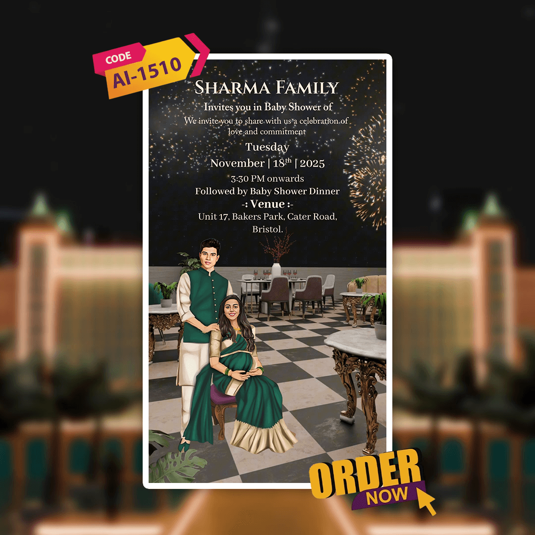 Baby shower invitation card with family photo and event details on a dark background