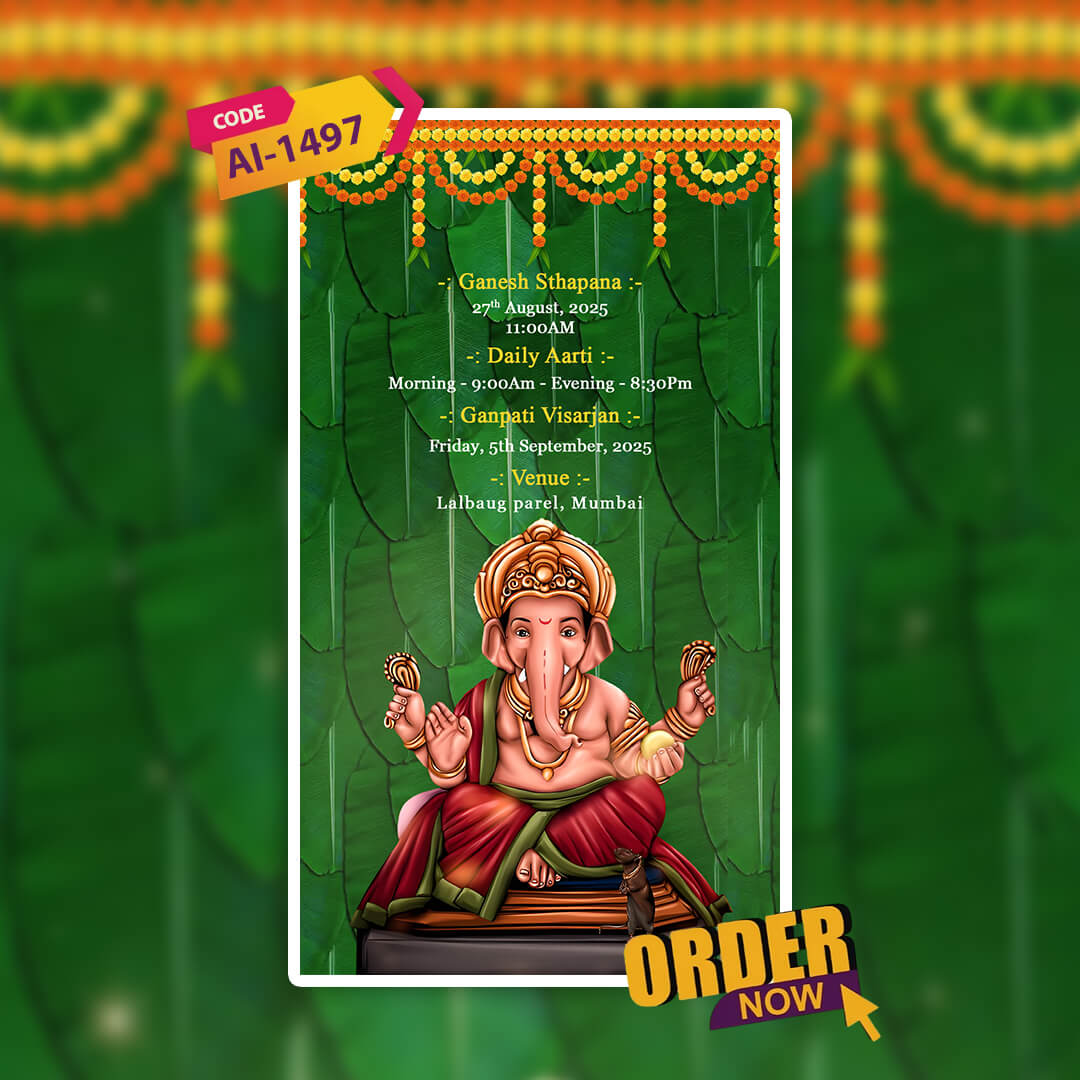 Ganesha illustration on a green background with text and decorative elements.