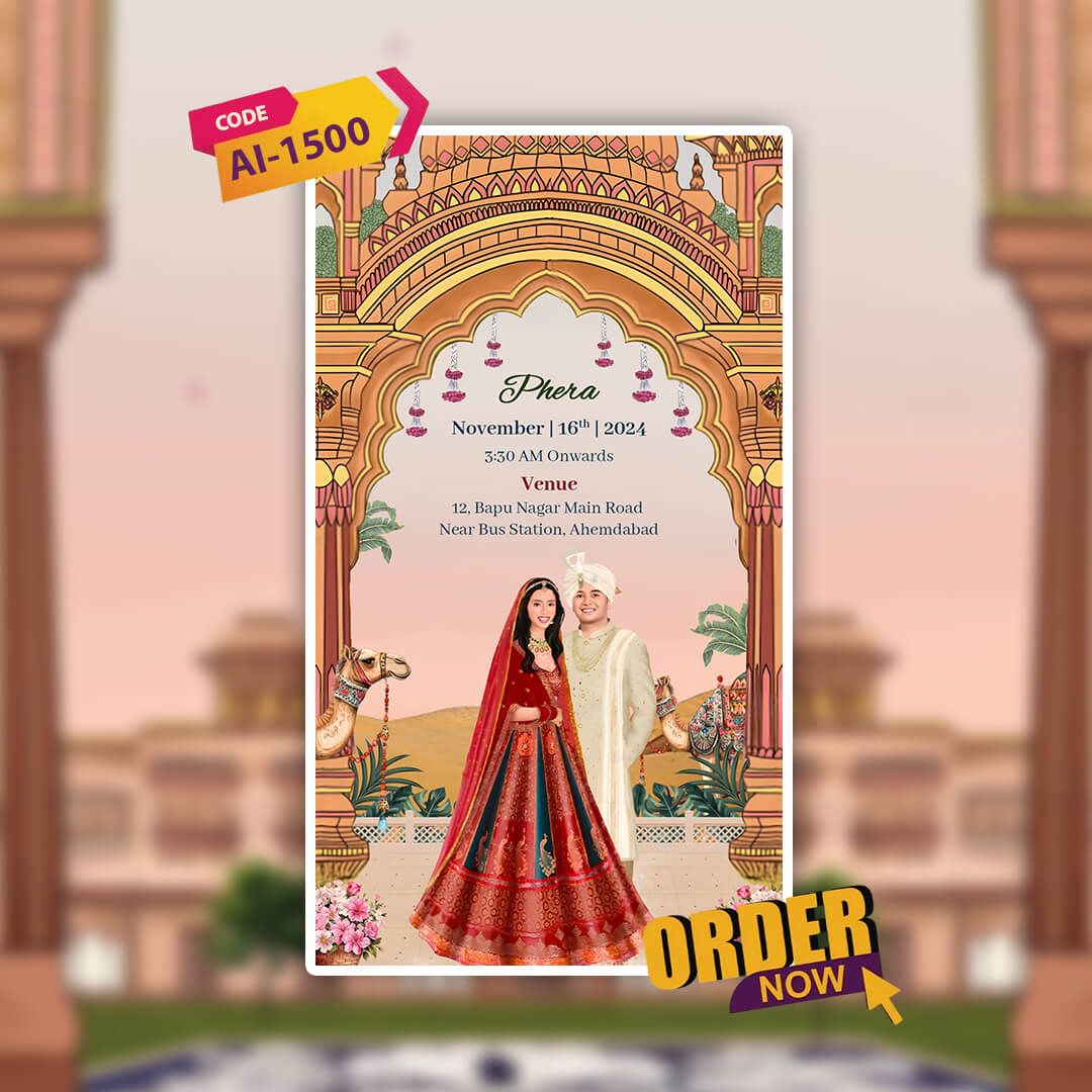 Traditional Indian wedding invitation video card with a couple and decorative elements on a decorative arch background.