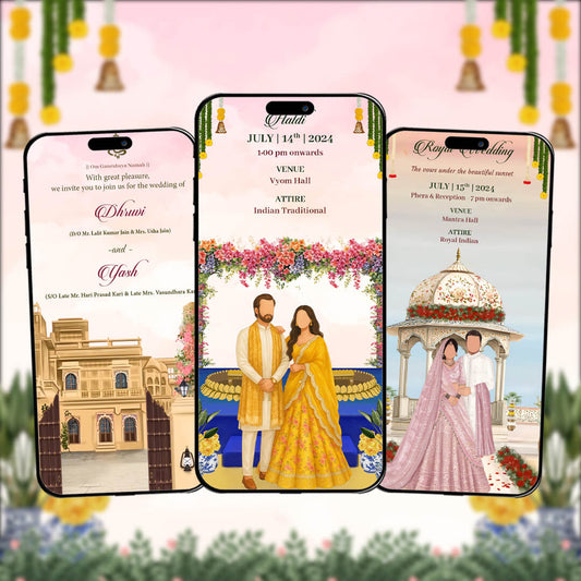 Three phone case designs with wedding-themed illustrations on a decorative background.