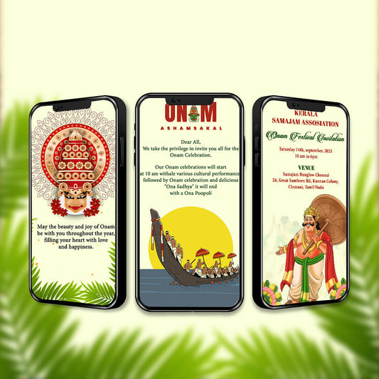 Traditional Onam Ashanshakal invitation design with pookalam