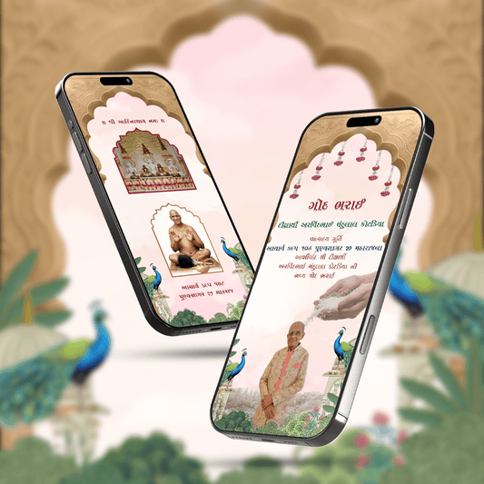 Two smartphones displaying a religious app interface with a man and peacocks on a decorative background.