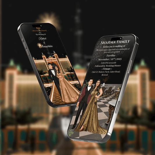 Two smartphones displaying wedding invitation designs with a couple in formal attire against a blurred cityscape background.