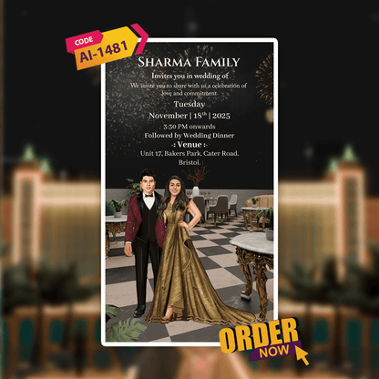Wedding invitation card with couple in formal attire and event details.