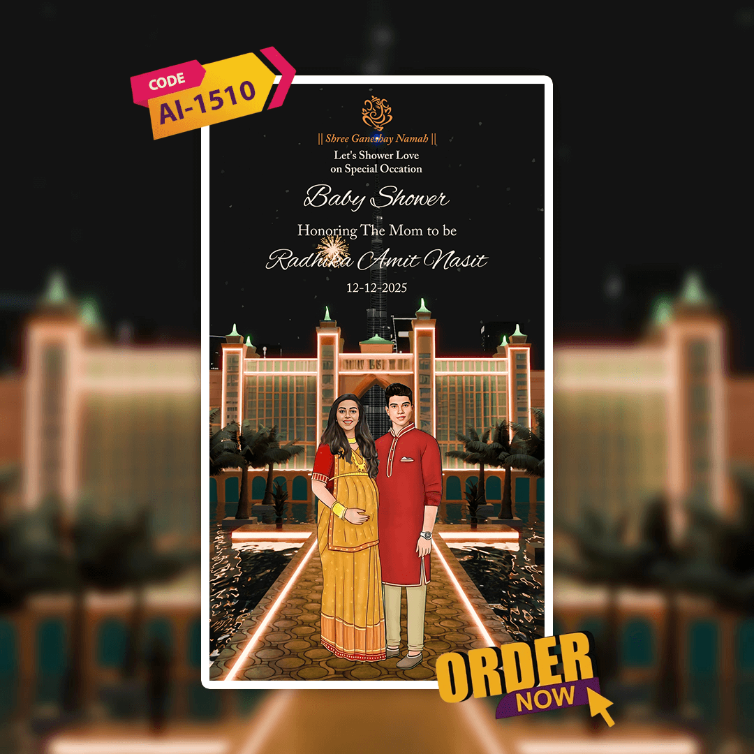 Baby shower invitation card with a couple and building background, featuring text and promotional elements.