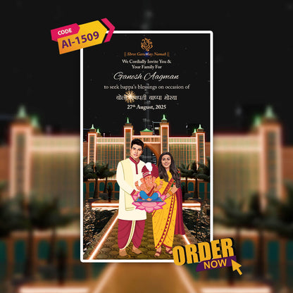 Invitation card with a couple holding a child and a deity, set against a blurred background of a temple.