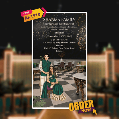 Baby shower invitation card with family photo and event details on a dark background