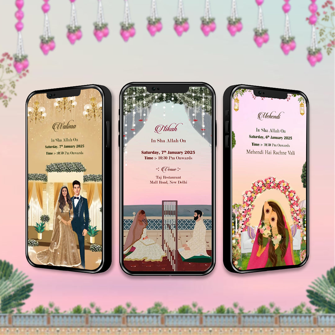 Animated Muslim Walimah invitation video with jali screen during Nikah segment


